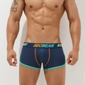 Detail of navy boxer briefs with contrast stitching and branded geometric waistband - M / Dark Blue