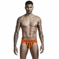 Detail of orange and grey vertical stripe jockstrap with TAUWELL logo elastic waistband - M / Orange Vertical Stripes