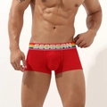 Detailaufnahme der roten Herren-Boxershorts mit Regenbogen-gestreiftem Elastikbund - M / Rot