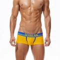 Men's low-rise mesh boxer briefs in bright yellow with blue contrast trim and waistband - M / Yellow