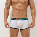 Men's white low rise boxer briefs with contrast navy waistband and orange stitching detail - M / White