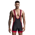 Men's slim fit athletic wrestling singlet in black and red with side white contrast details - M / Black