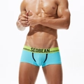 Men's light blue mesh boxer briefs with neon green waistband and U-convex design - M / Sky Blue