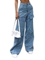 Women's light blue wide leg cargo jeans with large side flap pockets in loose fit style - XL