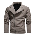 Men's taupe fleece-lined PU leather biker jacket with quilted shoulders and zipper - S / Khaki