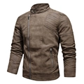 Men's vintage brown PU leather biker jacket with asymmetric zipper and quilted shoulders - S / Brown