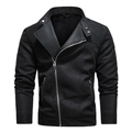 Men's black PU leather biker jacket with fleece lining and diagonal zipper closure - S / Black