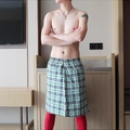 Men's ethnic style green white black plaid skirt pants with long red socks - M / Green Plaid