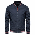 Men's navy blue bomber jacket with red and white striped cuffs and stand collar - 3XL / Navy Blue