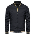 Men's black bomber jacket with striped ribbed collar and cuffs on white background - 3XL / Black