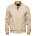 Men's casual bomber jacket in beige with stand collar and striped rib cuffs - 3XL / Khaki