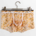 Men's yellow ice silk mesh boxer briefs with white flower print and breathable pouch - M / Orange