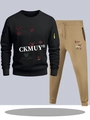 Flat lay of men's black tracksuit set featuring rose print hoodie and khaki joggers - S / Black Top with Khaki Pants