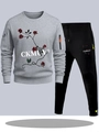 Detail of grey sweatshirt set with red rose graphic and sleeve zipper pocket - S / Light Gray Top and Black Pants