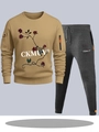 Detail of khaki sweatshirt and grey joggers featuring red rose embroidery and zip pockets - S / Khaki Top with Dark Gray Pants