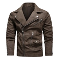 Men's dark brown PU leather biker jacket with asymmetric zip and notched lapel - S / Brown