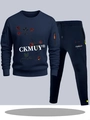 Navy tracksuit detail featuring red rose print and vibrant neon zipper pockets accents - S / Navy Blue