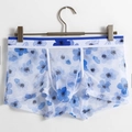 Men's ice silk mesh boxer briefs in white with blue floral print and U-pouch - M / Blue Floral