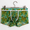 Men's thin ice silk floral mesh boxer briefs in green with elephant pouch design - M / Dark Green