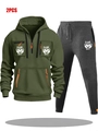 Detailed flat lay of men's olive hoodie with dual zipper pockets and grey joggers - S / Top And Bottom / Army Green And Dark Grey