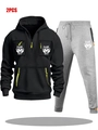 Detail of men's black half-zip hoodie and grey joggers with Game Day prints - S / Top And Bottom / Black And Light Grey