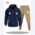 Men's two-piece set with navy half-zip hoodie and khaki jogger pants featuring Game Day prints - S / Top And Bottom / Navy And Khaki