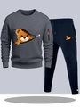 Detail view of sports tracksuit with orange zipper pocket and bear print on soft cotton fabric - S / Top And Bottom / Dark Grey And Navy