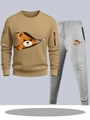 Men's two-piece tracksuit with khaki sweatshirt and grey joggers featuring bear graphics - S / Top And Bottom / Khaki And Light Grey