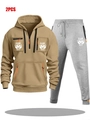 Men's khaki 2-piece set with GAME DAY print hoodie and gray joggers for autumn - S / Khaki And Light Grey