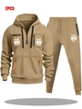Men's two-piece khaki fleece tracksuit with hoodie, cargo pockets and Game Day graphic - M / Top And Bottom / Khaki