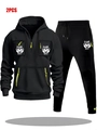 Men's 2pcs black tracksuit with neon green details and Game Day football print on hoodie - M / Top And Bottom / Black