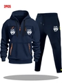Navy blue two-piece tracksuit with orange zipper pockets and white football graphic print - M / Top And Bottom / Navy Blue
