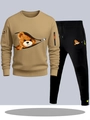 Set uomo felpa kaki e pantaloni neri con stampa grafica di orso e dettaglio cerniera - S / Top Cachi con Pantaloni Neri