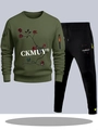 Men's army green hoodie and black jogger suit with rose pattern and zip pocket - S / Army Green Top with Black Pants