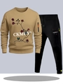 Khaki hooded sweatshirt and black sweatpants tracksuit with rose and letter print - S / Khaki Top with Black Pants