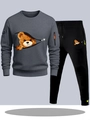 Set felpa grigia e joggers neri da uomo con stampe creative di orsi con cerniera lampo - S / Grigio Scuro e Pantaloni Neri