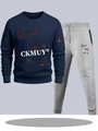 Men's navy hoodie set with red rose graphic and grey joggers featuring orange zip - S / Navy Blue Top with Light Gray Pants