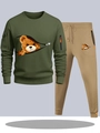 Men's sportswear set with army green bear print hoodie and khaki joggers pants - S / Top And Bottom / Dark Green And Khaki Pants