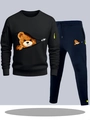 Men's casual tracksuit set with cartoon bear print and neon green zipper details - S / Top And Bottom / Black Top with Navy Blue Pants
