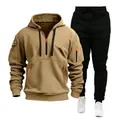 Men's two-piece tracksuit featuring a camel hooded sweatshirt and black drawstring joggers - S / Top And Bottom / Camel