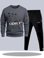 Men's casual tracksuit set in dark grey and black with rose embroidery and side zip pockets - S / Dark Gray And Black Pants