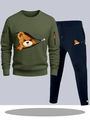 Olive green sweatshirt and navy pants set with creative teddy bear zipper graphics - S / Top And Bottom / Dark Green And Navy Pants