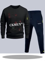 Men's casual tracksuit set featuring black sweatshirt and navy blue joggers with logo - S / Black Top with Navy Blue Pants
