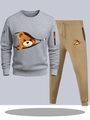 Grey long sleeve sweatshirt and khaki sweatpants set with cute bear zipper print detail - S / Top And Bottom / Light Gray & Khaki