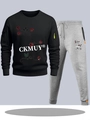 Men's tracksuit with black rose print hoodie and grey joggers for athletic casual style - S / Black And Light Grey