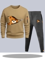 Khaki sweatshirt with cartoon bear print and dark grey joggers set for men - S / Top And Bottom / Khaki Top with Dark Gray Pants