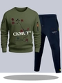 Men's olive sports tracksuit set with vintage rose print and functional zip pockets - S / Army Green Top with Navy Blue Pants