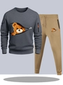 Men's dark grey hooded tracksuit set with cartoon bear print and orange zipper details - S / Top And Bottom / Dark Grey And Khaki
