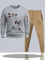 Men's two-piece tracksuit set with light grey floral sweatshirt and khaki jogger pants - S / Light Gray & Khaki