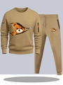 Men's khaki tracksuit featuring casual hooded sweatshirt with cartoon bear print - S / Top And Bottom / Khaki